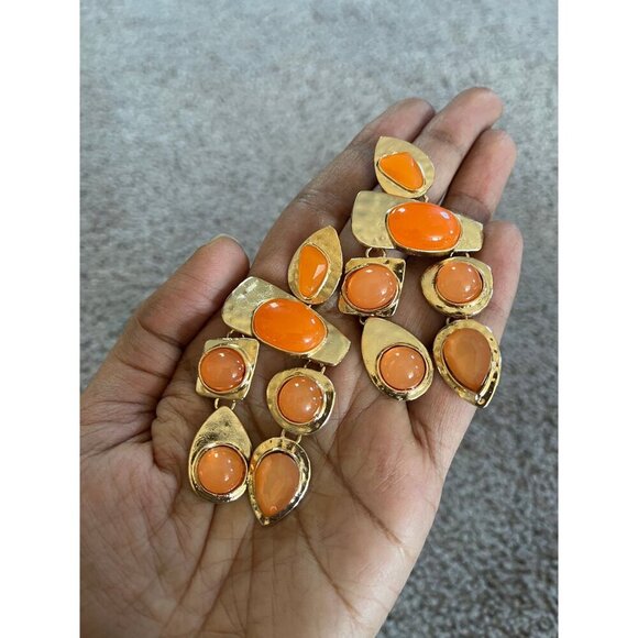Chunky Orange earrings , large gold chandelier earrings  , vintage style , long - Picture 4 of 8